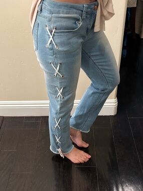Salvaje Denim Cross Pattern Light Wash Flare Jeans